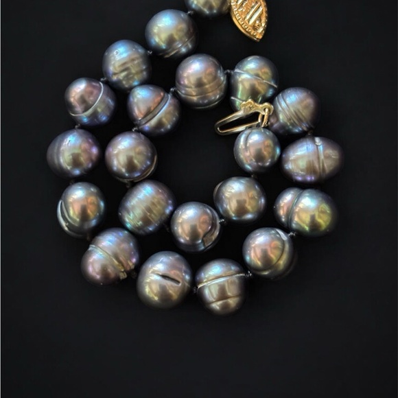 14k Gold Vintage Baroque Peacock Black Tahitian Pearl Bracelet Estate Jewelry - Picture 6 of 9